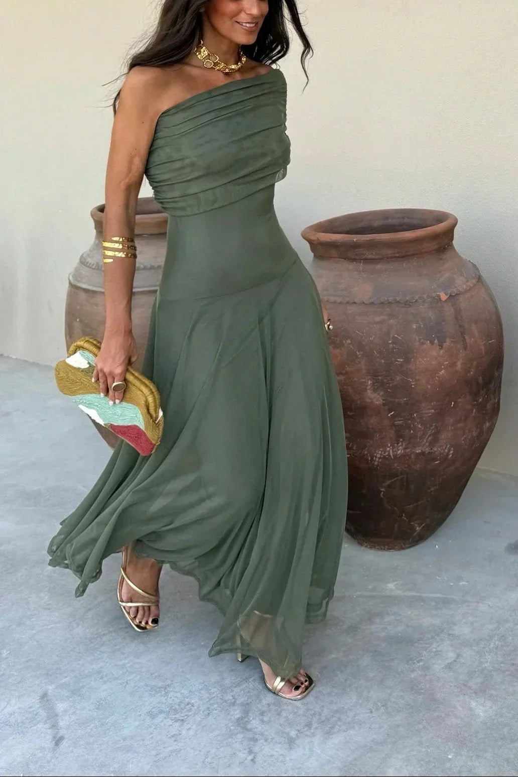 PLEATED ONE-SHOULDER MAXI DRESS FOR WOMEN