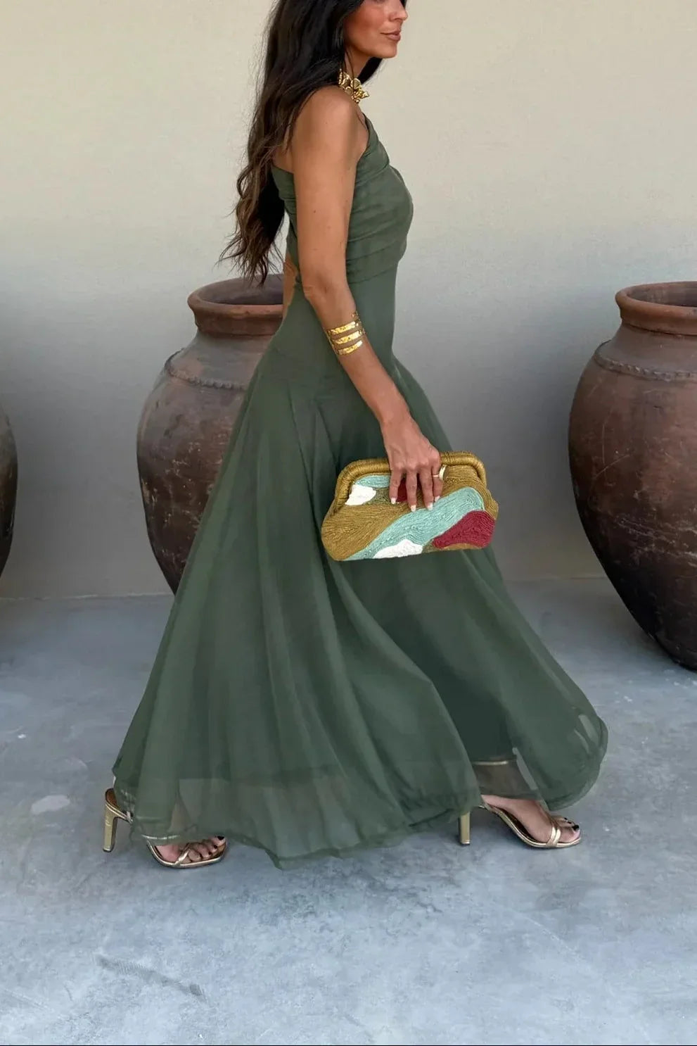 PLEATED ONE-SHOULDER MAXI DRESS FOR WOMEN