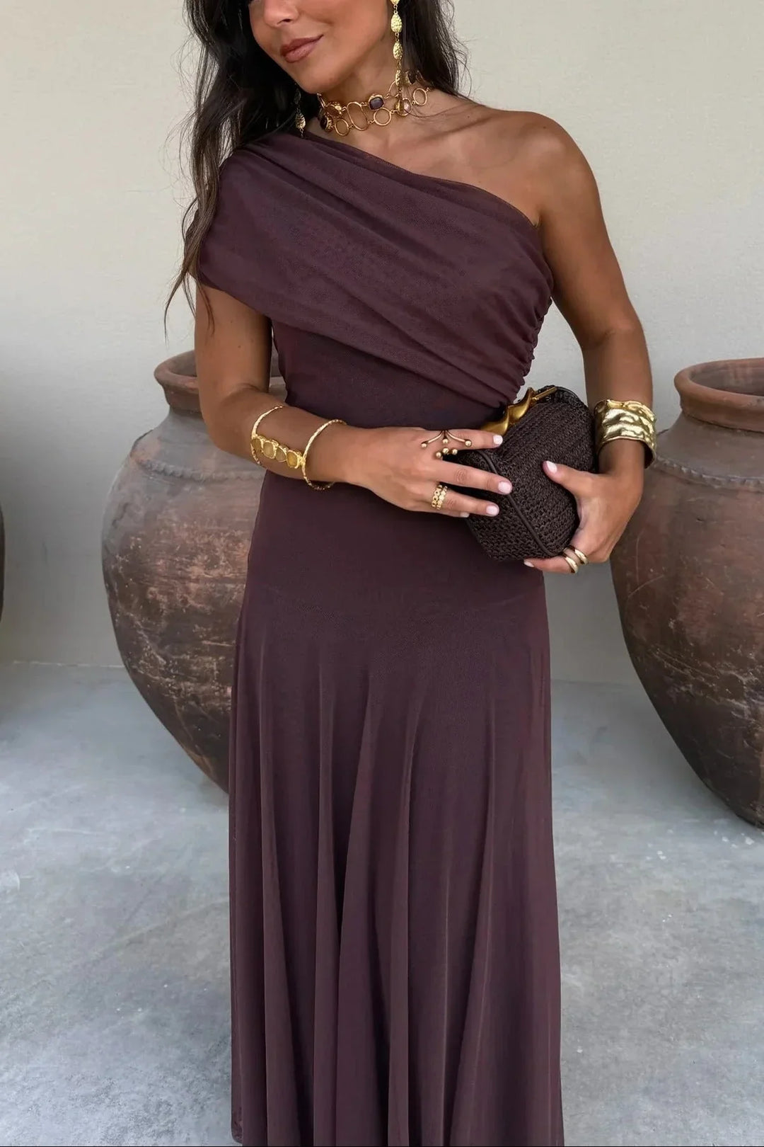 PLEATED ONE-SHOULDER MAXI DRESS FOR WOMEN