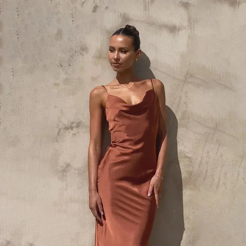 COWL NECK SATIN DRESS FOR WOMEN