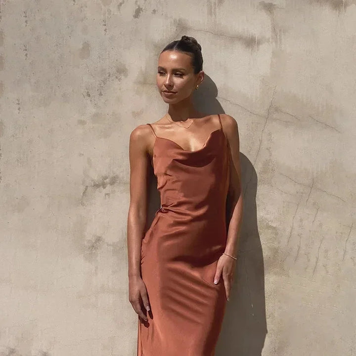 COWL NECK SATIN DRESS FOR WOMEN