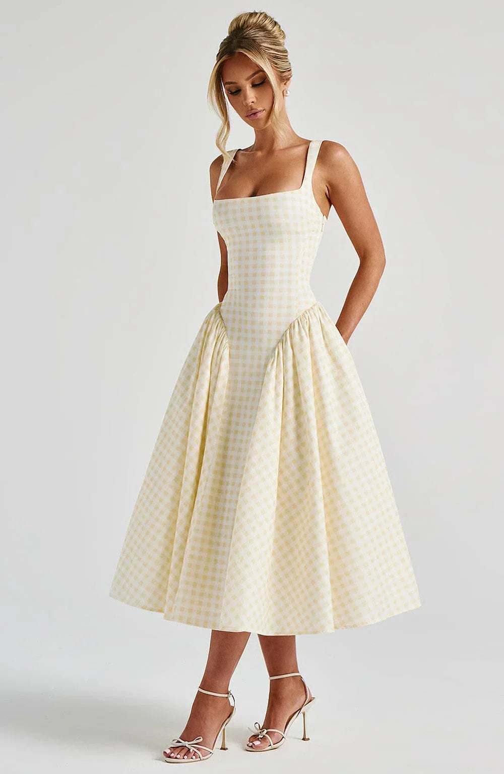 CHECKED FLARED MIDI DRESS FOR WOMEN