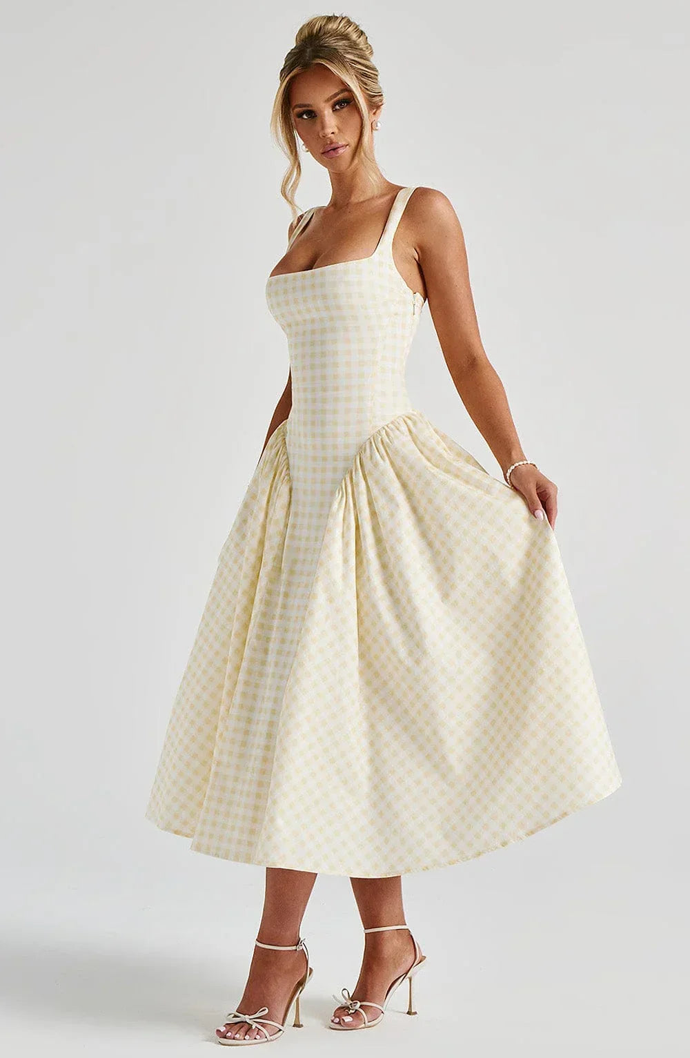 CHECKED FLARED MIDI DRESS FOR WOMEN