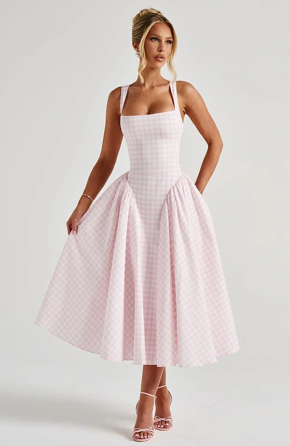 CHECKED FLARED MIDI DRESS FOR WOMEN