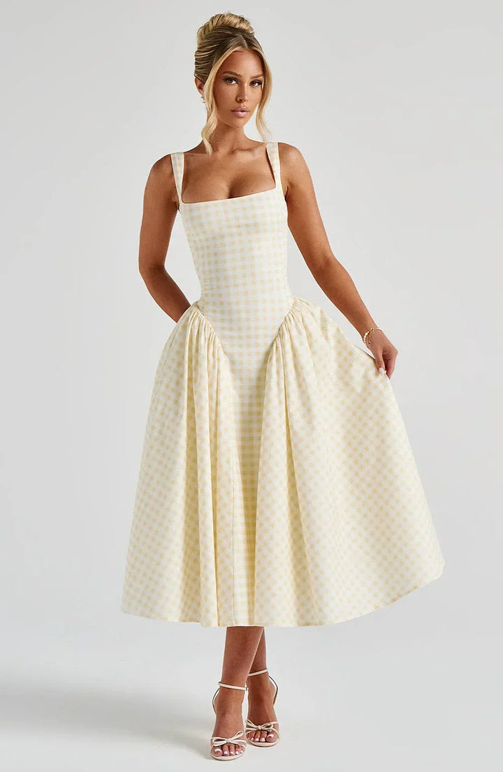 CHECKED FLARED MIDI DRESS FOR WOMEN