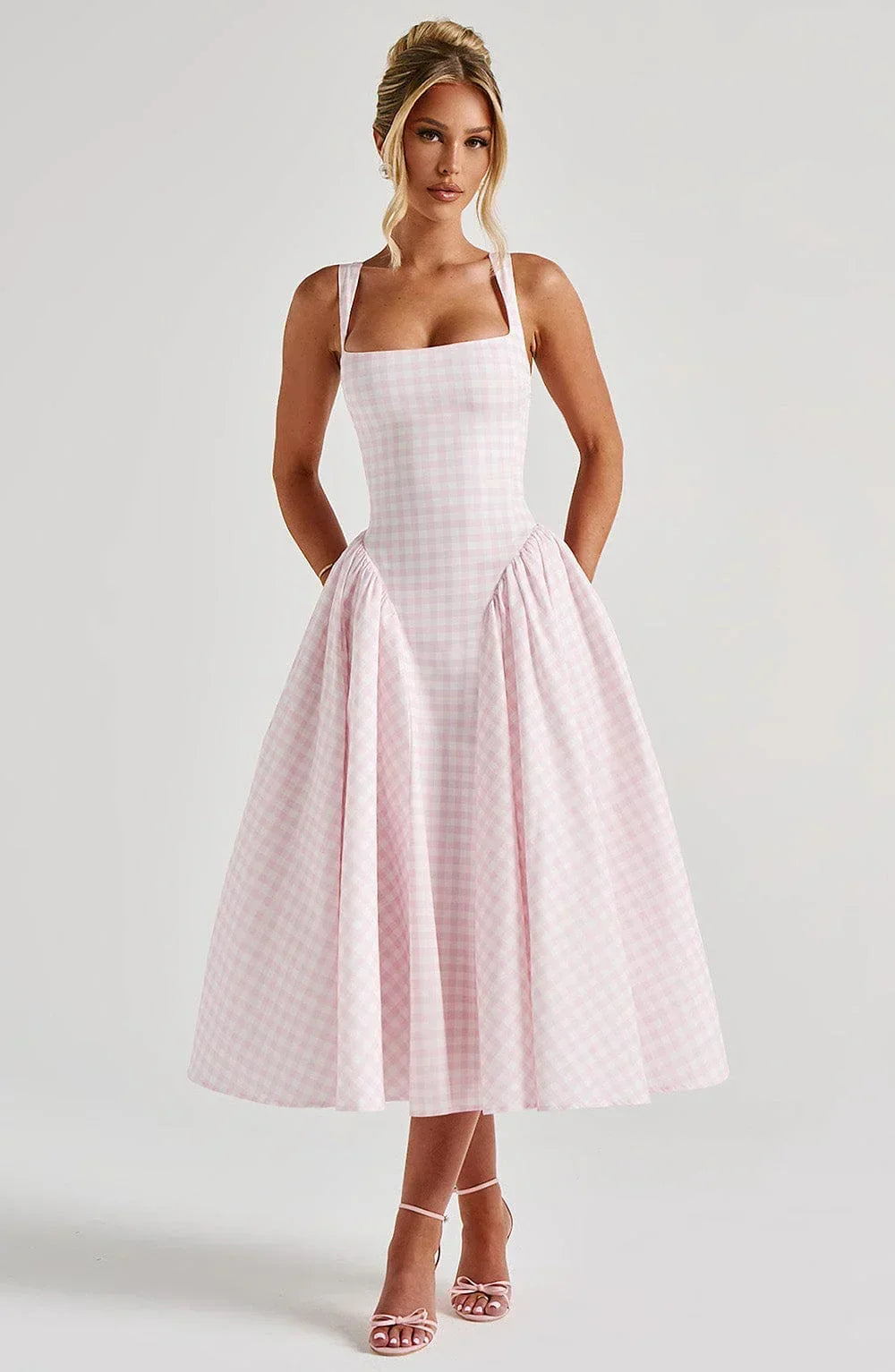 CHECKED FLARED MIDI DRESS FOR WOMEN