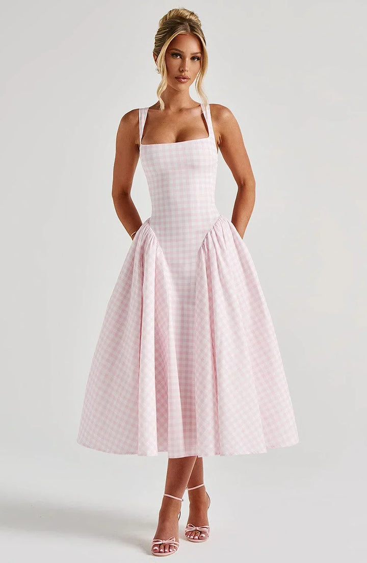 CHECKED FLARED MIDI DRESS FOR WOMEN