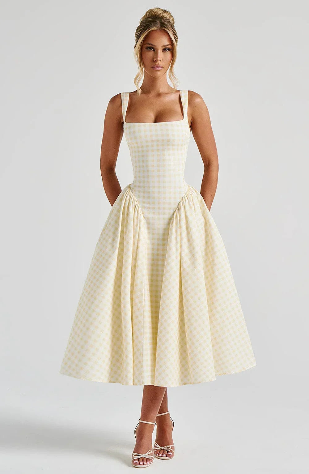 CHECKED FLARED MIDI DRESS FOR WOMEN