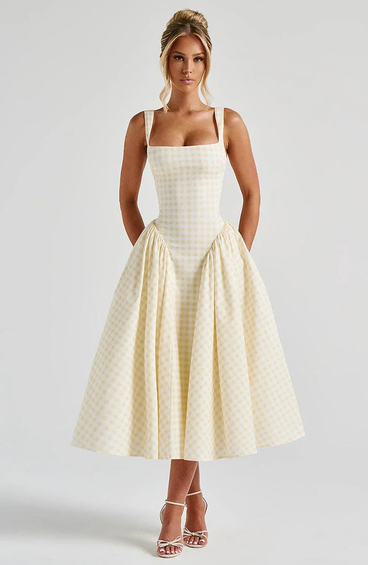 CHECKED FLARED MIDI DRESS FOR WOMEN