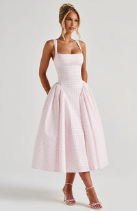 CHECKED FLARED MIDI DRESS FOR WOMEN